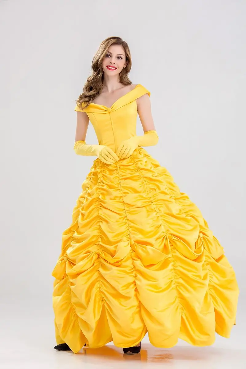 

Halloween Cosplay Adult Princess Yellow Costume Long Dress Women Southern Beauty and the Beast Costume