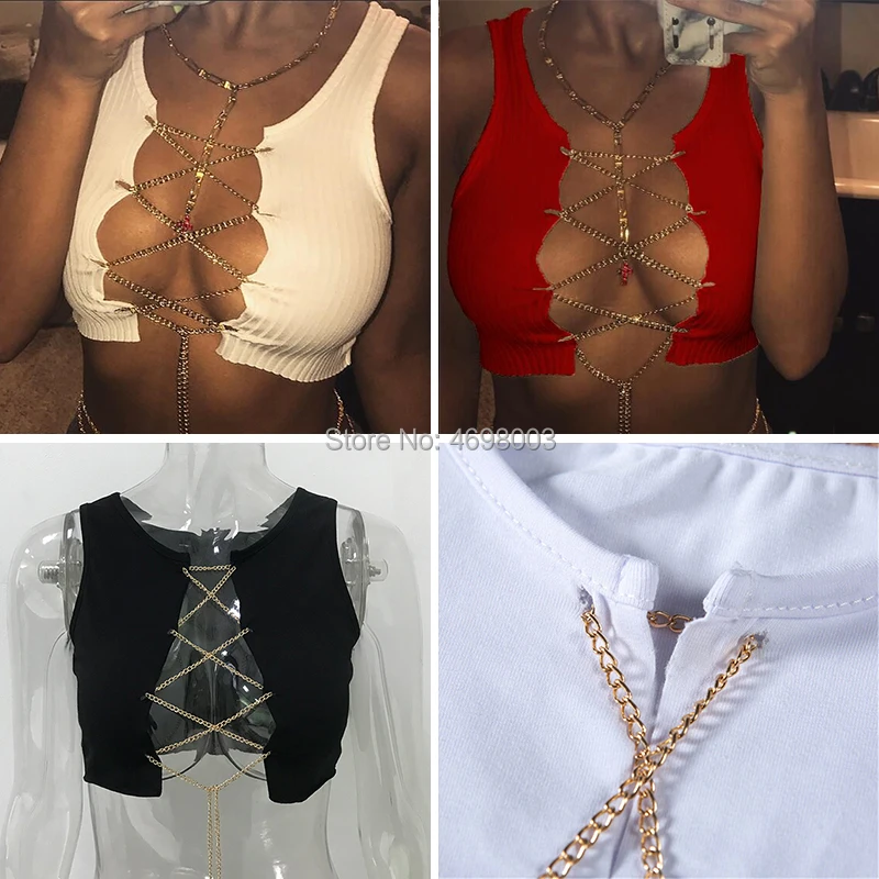 Red Black White Metal Chain Sleeveless Crop Top Sexy Clubwear Women Adjustable Lace Up Hollow Out Tank Tops Tees Camisole | Женская