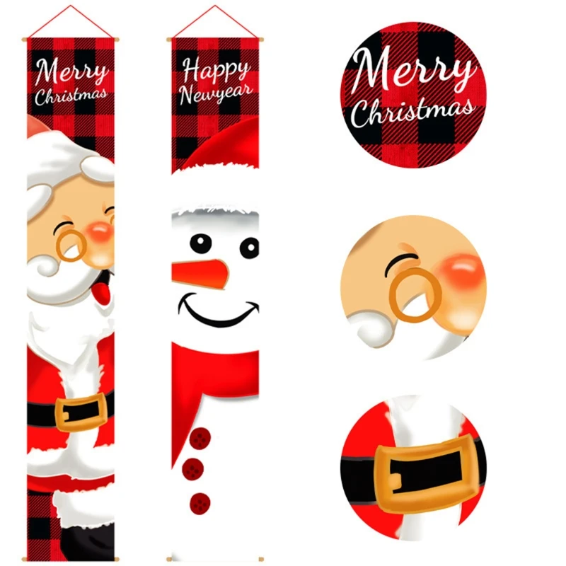 

203F 2Pcs/Set Christmas Porch Sign Cartoon Snowman Santa Claus Merry Xmas Decoration Plaid Front Door Hanging Banners Flags