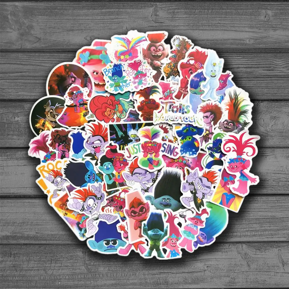 Pegatinas impermeables de Trolls de dibujos animados, funda de equipaje de guitarra, pegatinas de coche, pegatinas 3D bonitas de colecci&oacute;n de recortes, 50 Uds.-0