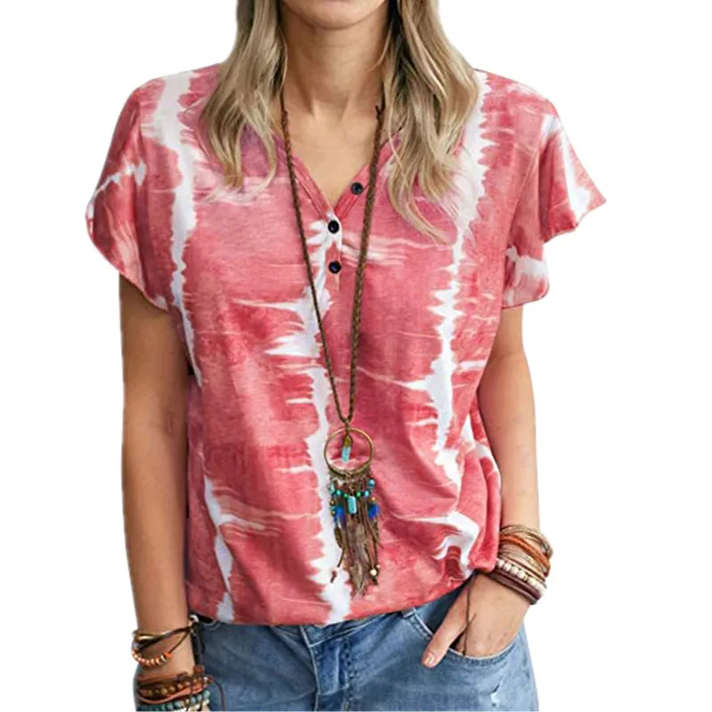 

2021 New Summer V-Neck Short Sleevet-Shirt Tie-Dye Printing Women Tops Clothing Loose Ladies Elegant Leisure Tees Shirt Outfits