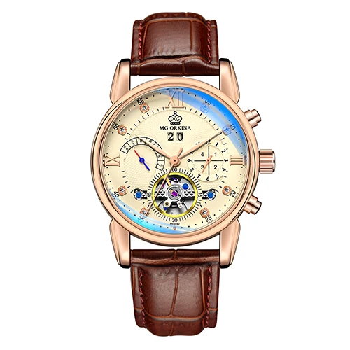 Rose white Бренд Orkina Tourbillon Мужские механические часы светящаяся Автоматическая Дата Натуральная кожа ремешок мужской платье часы механические стимпанк - Цвет: Rose white
