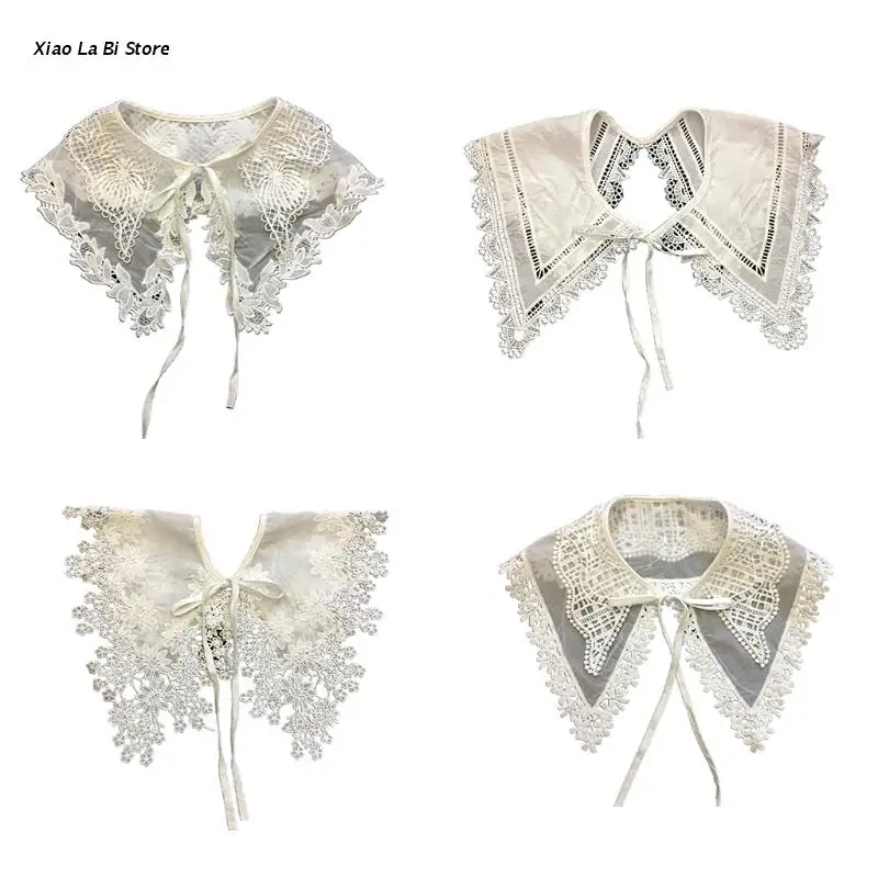 

XXFD Women Double Layer Sheer Lace False Collar Embroidery Applique Shawl Necklace
