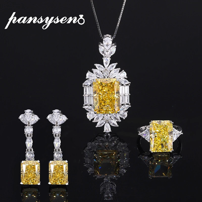 

PANSYSEN 925 Sterling Silver Radiant Cut Citrine Simulated Moissanite Gemstone Necklace/Earrings/Ring Jewelry Sets Wedding Gift
