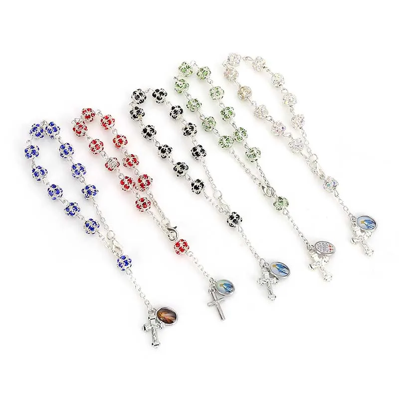 Браслет католический розовый с искусственным жемчугом и кристаллами для детей |