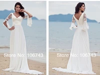 free shipping 2015 new style hot sale sexy v neck bride cheap beach wedding dress custom lace half sleeve white chiffon