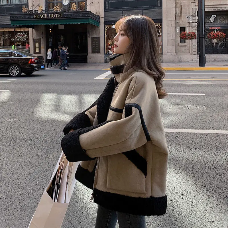 

2021 New Autumn Winter Women Casual Long Sleeve Lamb Faux Fur PU Coat Female Short Warm Stand Coat Fake Leather Wool Jackets A52