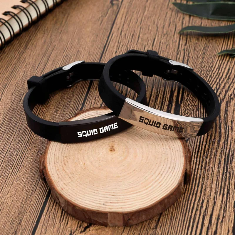Korea Fashion Squid Game Black Silicone Couple Bracelet Stainless Steel Bracelets Gift Jewelry For Women Men 오징어 게임 | Украшения и