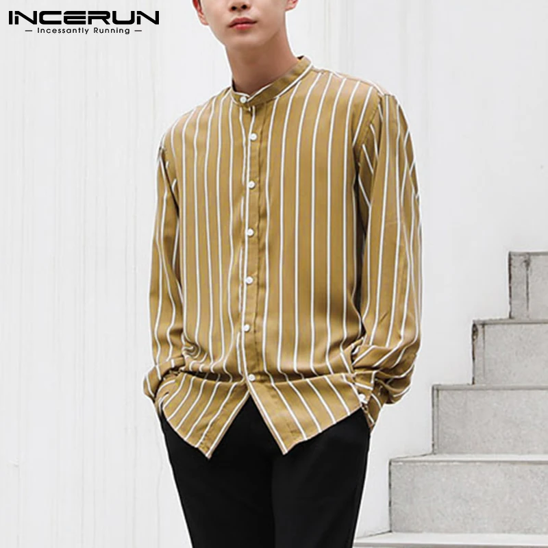 

Men Striped Shirt Stand Collar Long Sleeve 2021 Button Streetwear Korean Casual Camisas Fashion Leisure Shirts Men S-5XL INCERUN