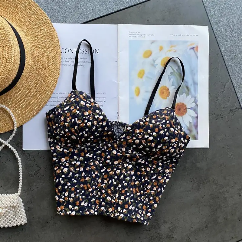 

Retro corduroy vest with small suspender for women's fashionable inside and outside wear versatile sexy V-neck short Floral Top