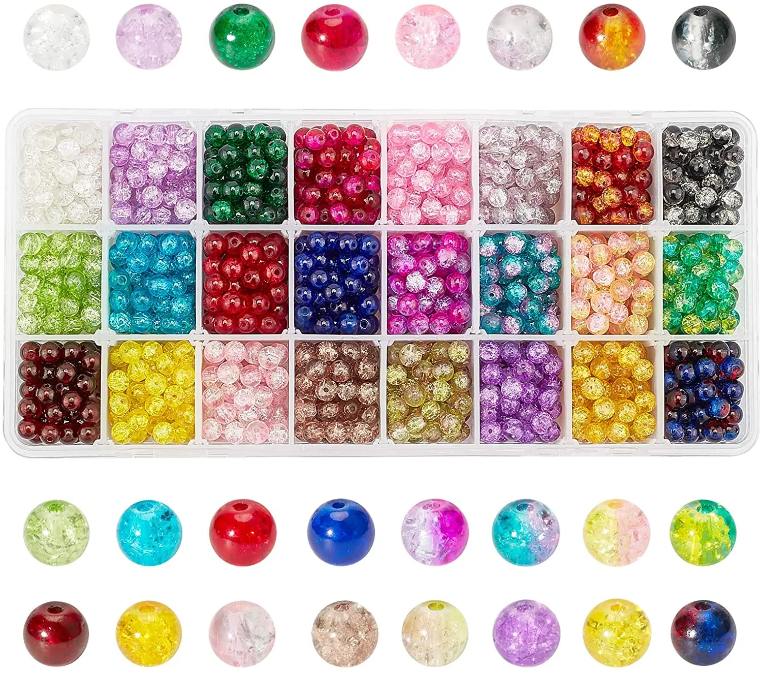 

1440PCS Crackle Glass Beads, 24 Color 6mm Lampwork Crystal Bead Handcrafted Bracelet Beads Bulk for Summer Beading