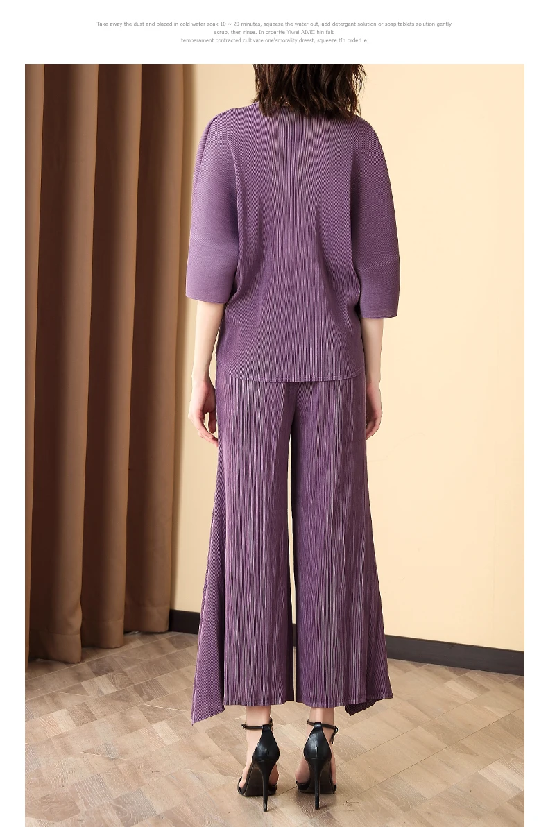 

HOT SELLING Miyake fold fashion suits o-neck three quarter sleeve button T-shirt wide-legged pants two-piece suit IN STOCK