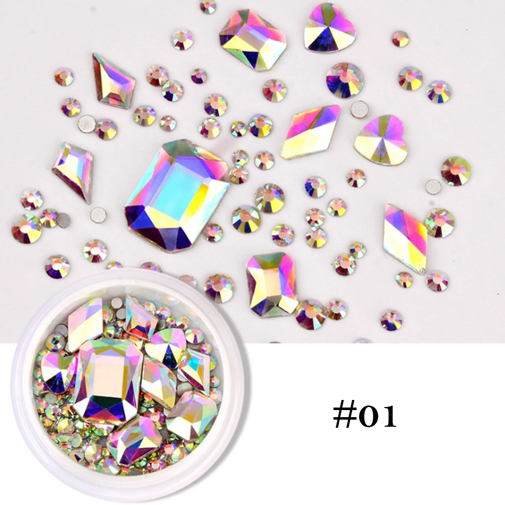

1 Box Glitter 3D Rhinestones AB Flat Back Shiny Stones Nail Art Decorations Mixed Size Nail Gems Crystal Strass Accessories