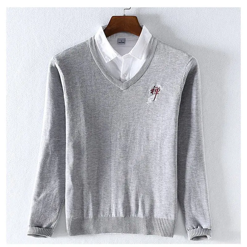 High Quality Chinese-Style Mens Long Sleeve V-Neck Sweaters 100% Cotton Casaul knitted Clothes Fashion Slim Male Tops | Мужская одежда