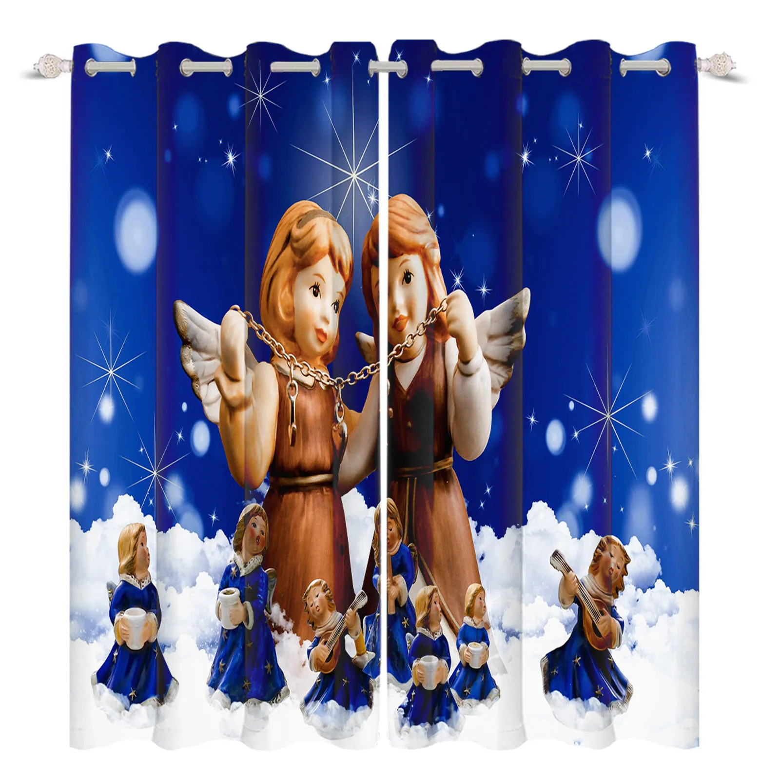 

Cute Angel In Sky Falling Snow Blue Curtains Suitable For Living Room Bedroom Home Decor With Grommet Accessories Polyester
