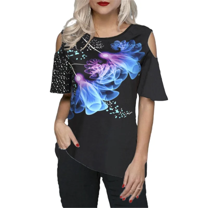 

Camisetas de verano para mujer, ropa de talla grande 5XL con cuello redondo y hombros descubiertos, con estampado Floral 3D