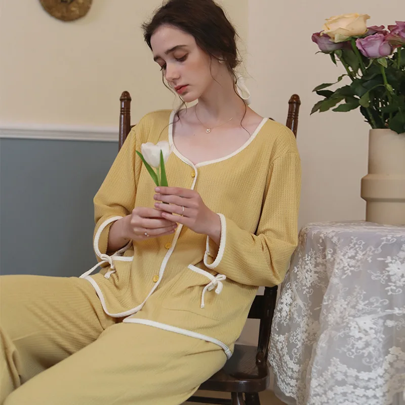 

Women's Cotton Pajamas Spring and Autumn Long Sleeve Pants Two-Piece Loose Large Size Simple Outerwear Homewear Suit