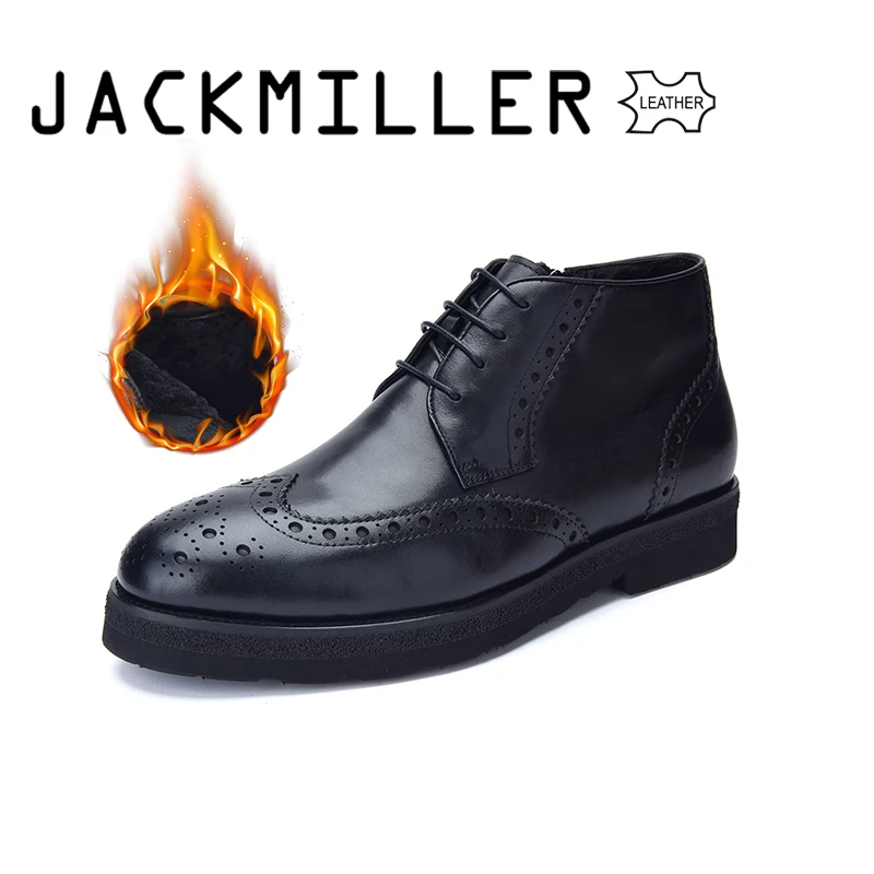 Black Jackmiller/ботинки из коровьей кожи; Мужская зимняя теплая обувь с подкладкой из натуральной шерсти; мужская обувь на шнуровке с внутренней молнией; цвет черный, темно-коричневый, светло-коричневый - Цвет: Black