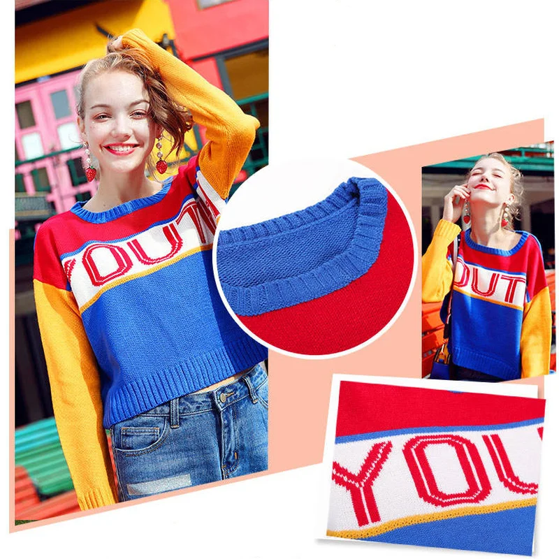 

Short Sweater Female Autumn and Winter Long Sleeved Round Neck Pullover Knitted Warm Sweater Patchwork Cashmere