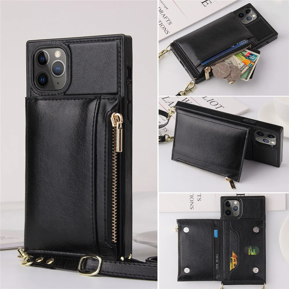 

Square Zipper Leather Crossbody Case For IPhone 13 11 Pro MAX XS XR X 8 7 Plus SE2 12 Cover With Long Strap Card Holders Wallet