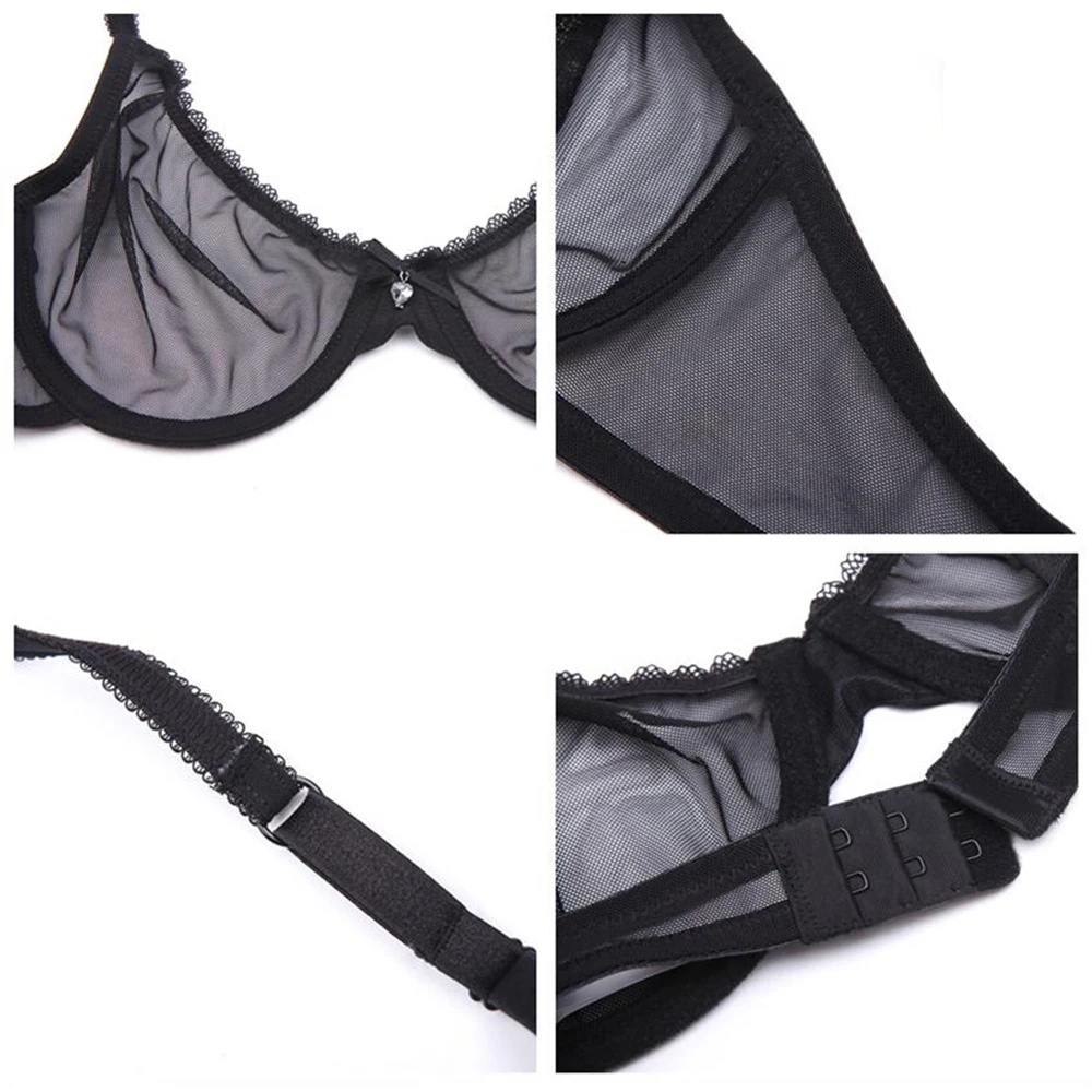 Sexy Ultra-Thin Cup Mesh Lace Underwear Transparent Unlined 1 Bra And 2 Panties Bra Set G-String For Ladies