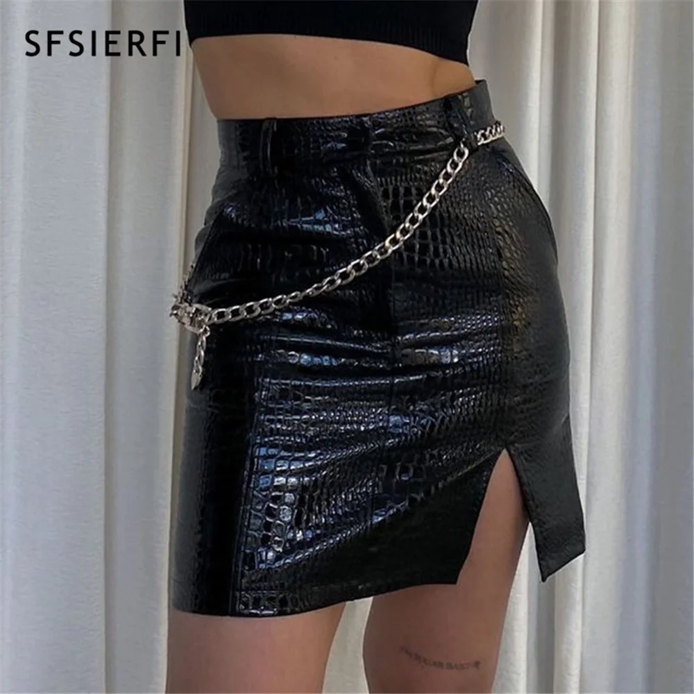 

Женская мини-юбка из ПУ кожи, с высокой талией и разрезом