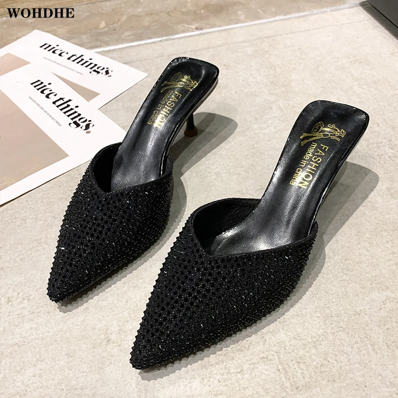 

Wohdhe Women Mules Rhinestone Pointed Toe Slip On Thin Heels Sandals Pumps Summer Slippers