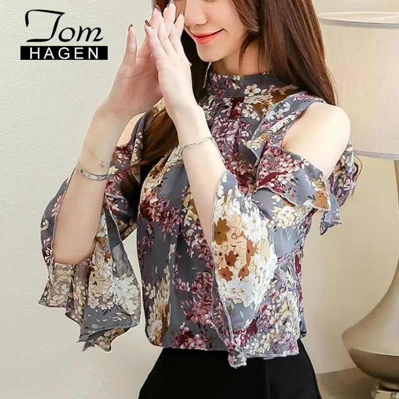 Женская шифоновая блузка с оборками рукавом-бабочкой и воротником-стойкой |