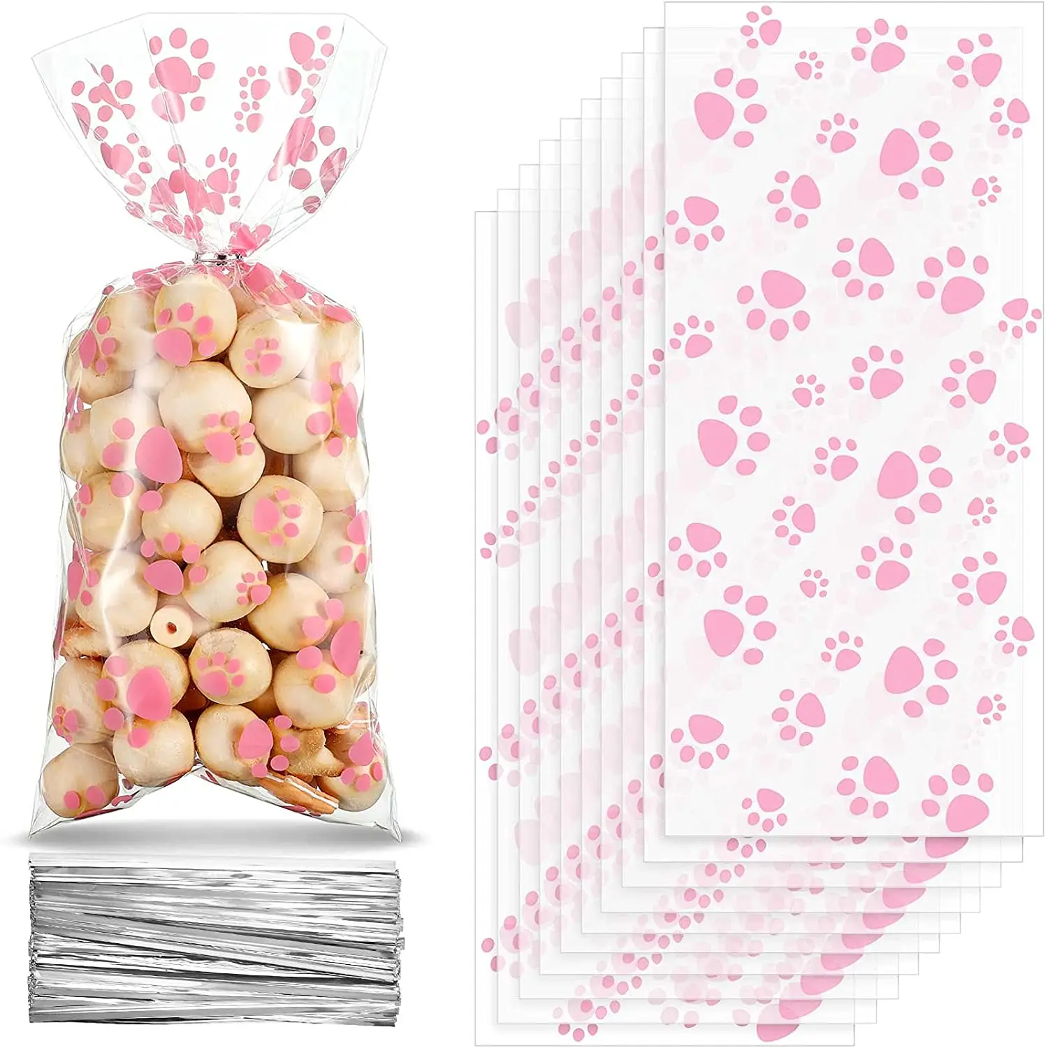 Pink Pet Paw Print Cone Cellophane Bags Heat Sealable Candy Bags Dog Paw Gift Bags Cat Treat Bag Twist Ties for Pet Treat Party