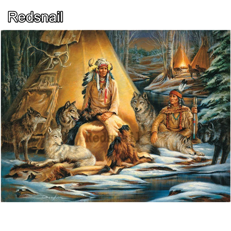 

DIY Diamond Painting Cross Stitch 5D Forest Needlework Mosaic Indians With Wolf Group Full Square Drill Diamond Embroidery TT992