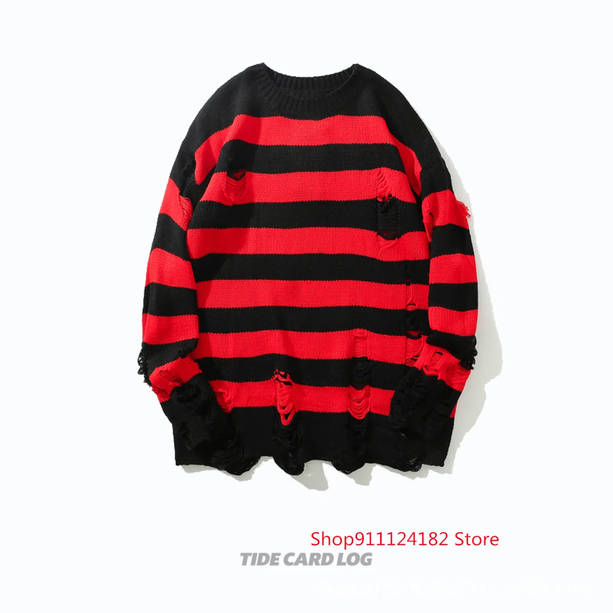 

Autumn and Winter European and American Retro Broken Hole Lazy Sweater Unisex Trendy Brand Loose Black and Red Striped Sweater