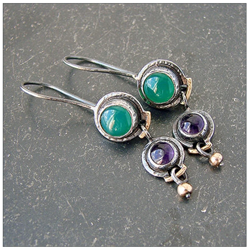 Новые поступления Красочные яшма Кулон Серьги Ретро Стиль Круглый Агат и аметист