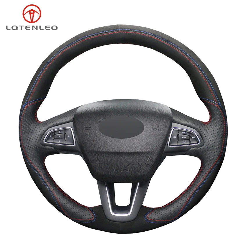 

LQTENLEO Black Suede Leather Car Steering Wheel Cover For Ford Focus 3 2014-2018 Kuga Escape C-MAX Ecosport 2015-2019 Eco sport