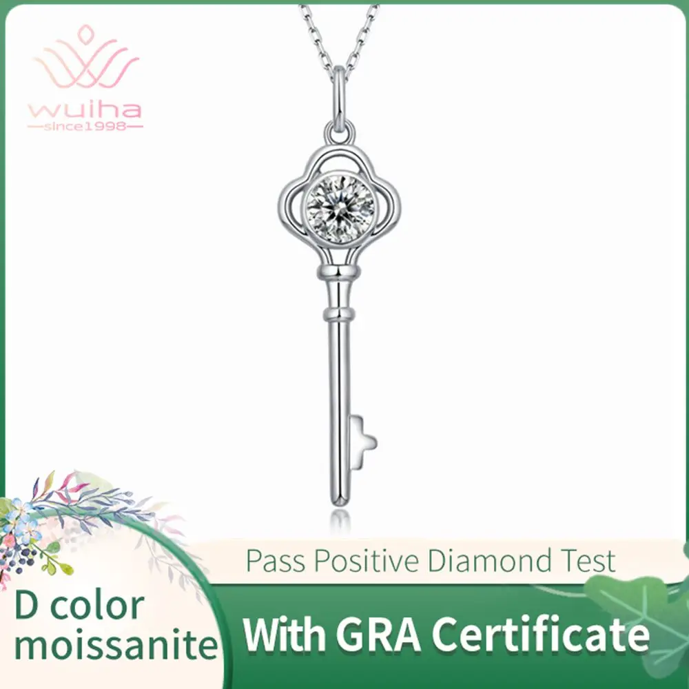 

WUIHA Classic 100% 925 Sterling Silver 1CT Round Cut VVS1 Real Moissanite Gemstone Wedding Key Pendent Necklace Fine Jewelry GRA