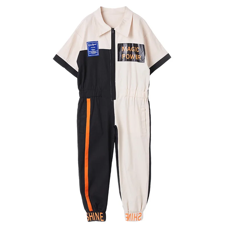 khaki jumpsuit Детская крутая одежда в стиле хип-хоп с короткими рукавами Свободный комбинезон цвета хаки, комбинезоны для девочек и мальчиков, костюм для джазовых танцев Одежда для бальных танцев - Цвет: khaki jumpsuit