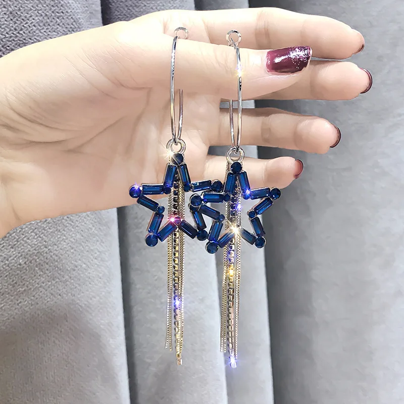 

Five-pointed star earrings Korean temperament long tassel earrings exaggerated rhinestone earrings personality earrings