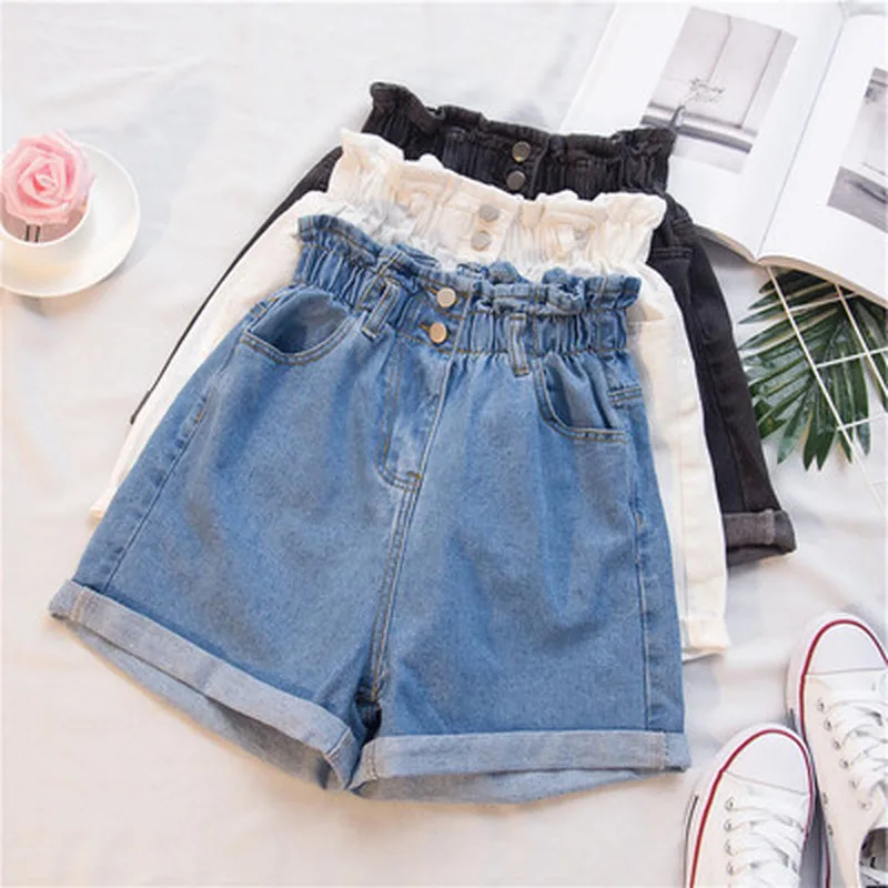 

women's Summer Black Women's Denim Shorts Large Size 5Xl Harem Ruffle White High Waisted Shorts Elastic Waist Jeans for Women