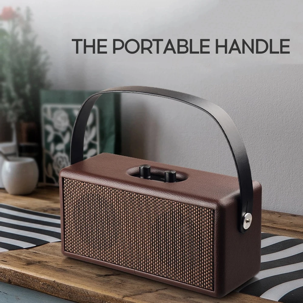 Портативная ретро деревянная Bluetooth колонка D30 с мощным басом, высокой громкостью, кожаной ручкой и поддержкой аудио на TF-карте, U-диске, AUX для музыки.