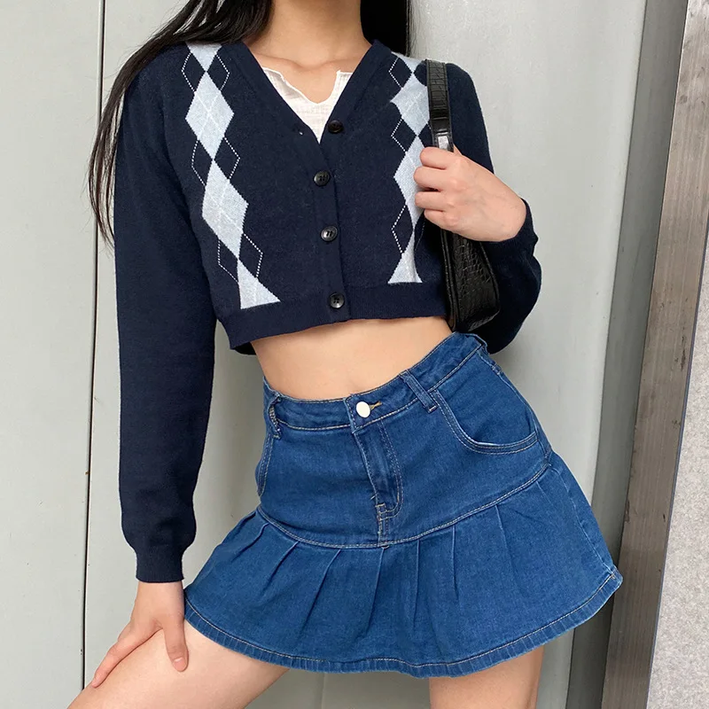 

Fashion Y2K Argyle Plaid Knitted Crop Cardigans Women E-girl Vintage Single-breasted Long Sleeve Blue Sweaters 90s Streetwear