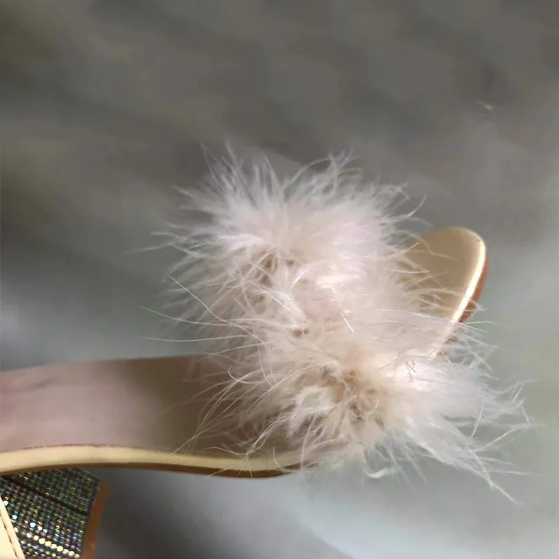 

Pmoiste Pumps Women Shoes Brand Sexy High heels Rhinestone Ladies shoes Peep toe Dancing Party Feamale shoe Fur Heels Black