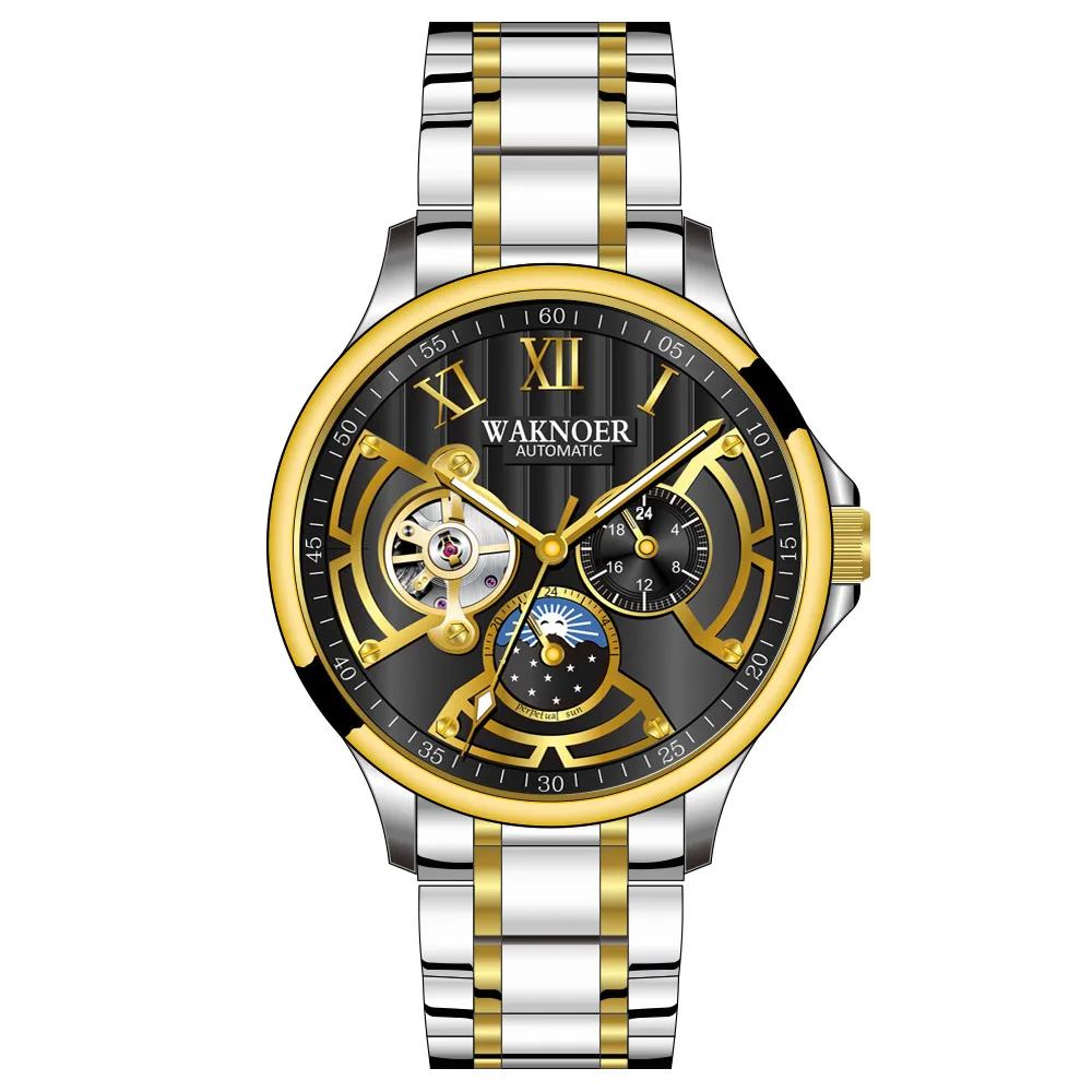 mix black alloy WAKNOER автоматические механические часы для мужчин из нержавеющей стали водонепроницаемый Moon Phase светящиеся роскошные золотые бизнес Tourbillon Montre Homme - Цвет: mix black alloy