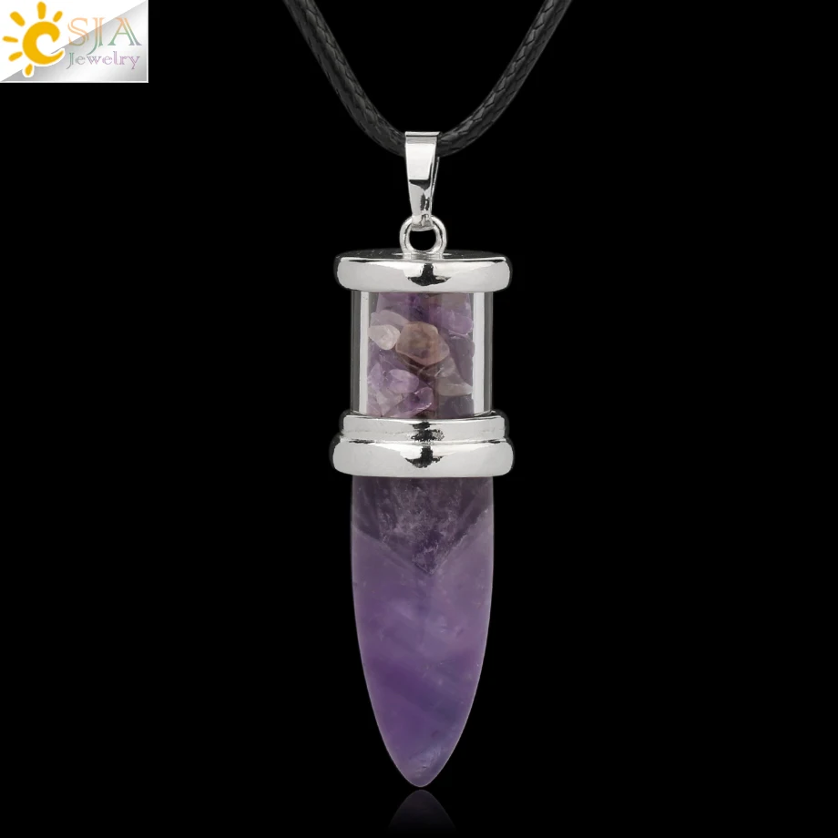 Amethyst-Chain CSJA в форме пули подвески из натурального камня розовый кварц Фиолетовый Кристалл ожерелья Желая бутылка конус рейки Маятник для женщин и мужчин G284 - Окраска металла: Amethyst-Chain