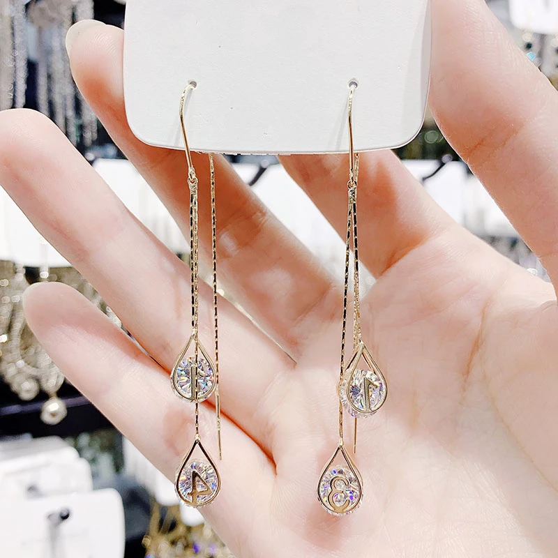 

2021 New Korean Zircon Long Tassel Earrings for Women Fashion Gold Geometric Drop Dangle Earrings Wedding Female Jewelry Gift