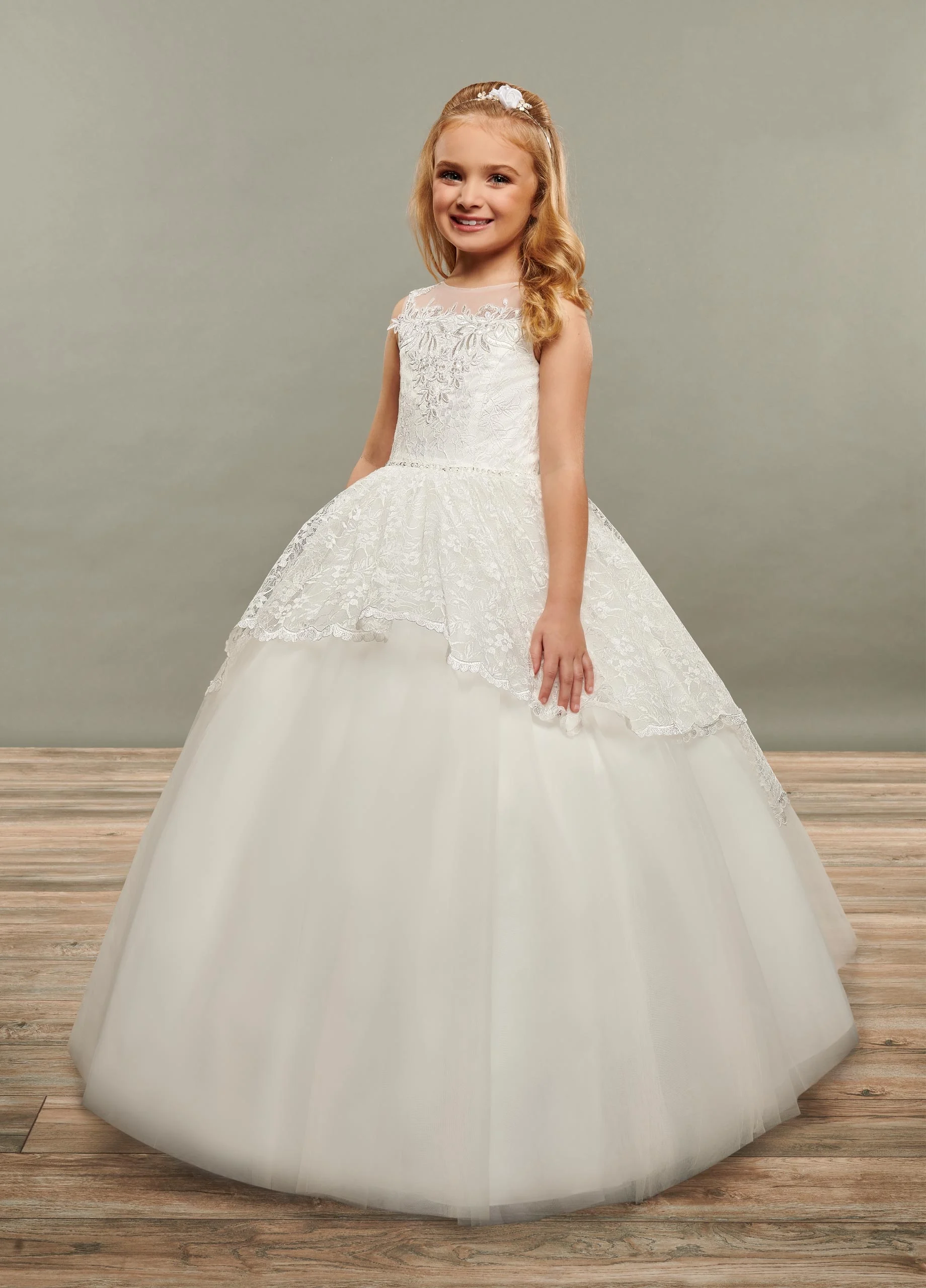 

Hi-Low Lace Overlay Flower Girl Dress Tulle Wedding Party Little Bridesmaid Girl Dress Graduation Dinner Performance School