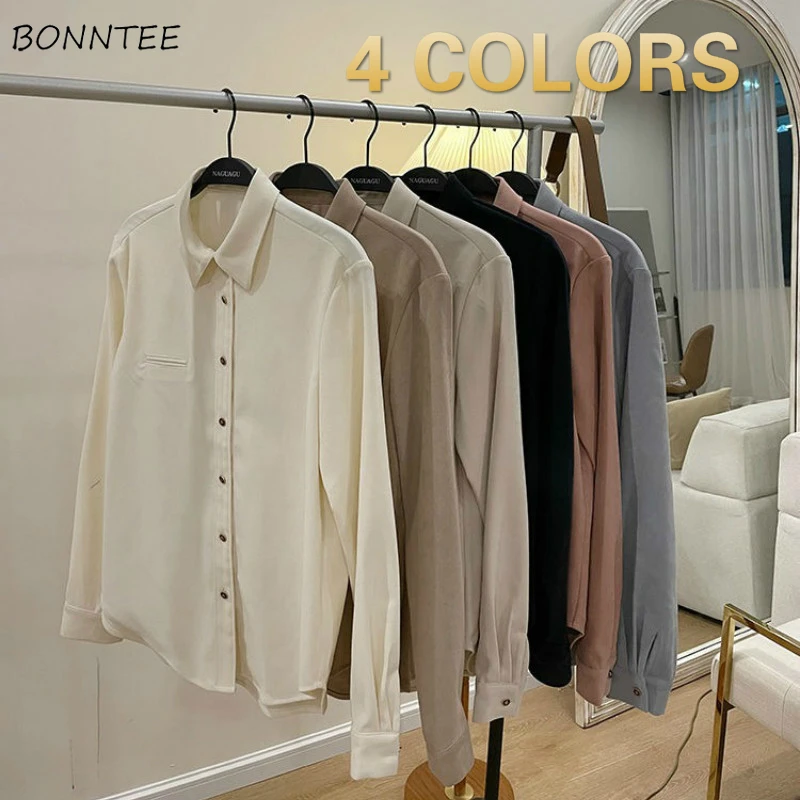 

Women Shirts Office Ladies Long Sleeve Female Solid Turn-Down Collar All Match Elegant Clothes Korean Style Soft Loose Fashion