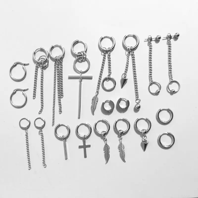 

20Pcs Korean Huggie Hoop Earring Stainless Steel Dangle Hinged Feather Drop Earrings Long Chain Pendant Earrings Jewelry E56A