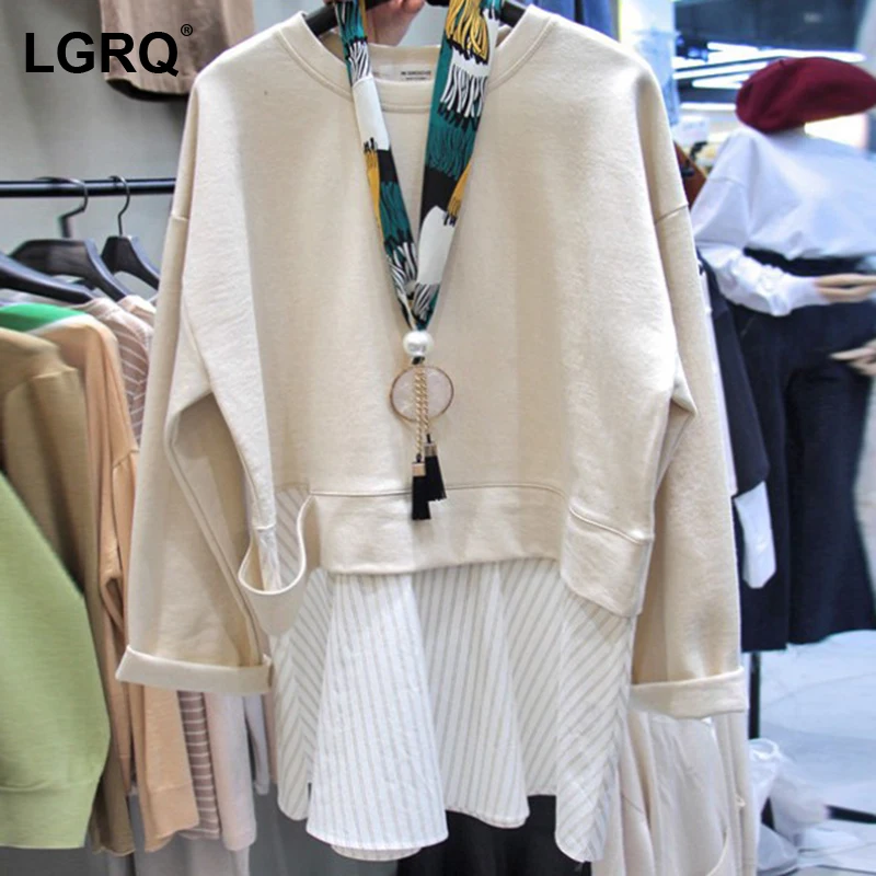 

[LGRQ] Loose Vintage Patchwork Striped Women's Sweatshirt New Round Neck Long Sleeve Fashion Tide Spring Winter 2021 19D4708