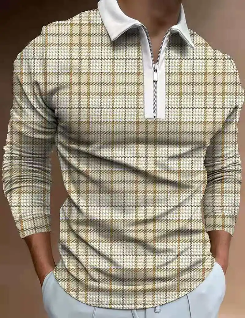 

Men Long Sleeve Polo Shirts 2021 Autumn and Winter Fashion Lattice Patchwork Casual Turn-Down Collar Zipper Thermal Top S-3XL