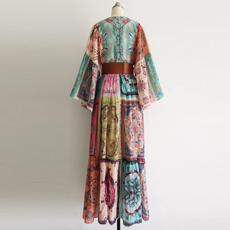 

Runway Fashion Women 2021 Flare Sleeve Spring Summer Flower Print Elegant Long Party Plus Size Dress XXL XXXL