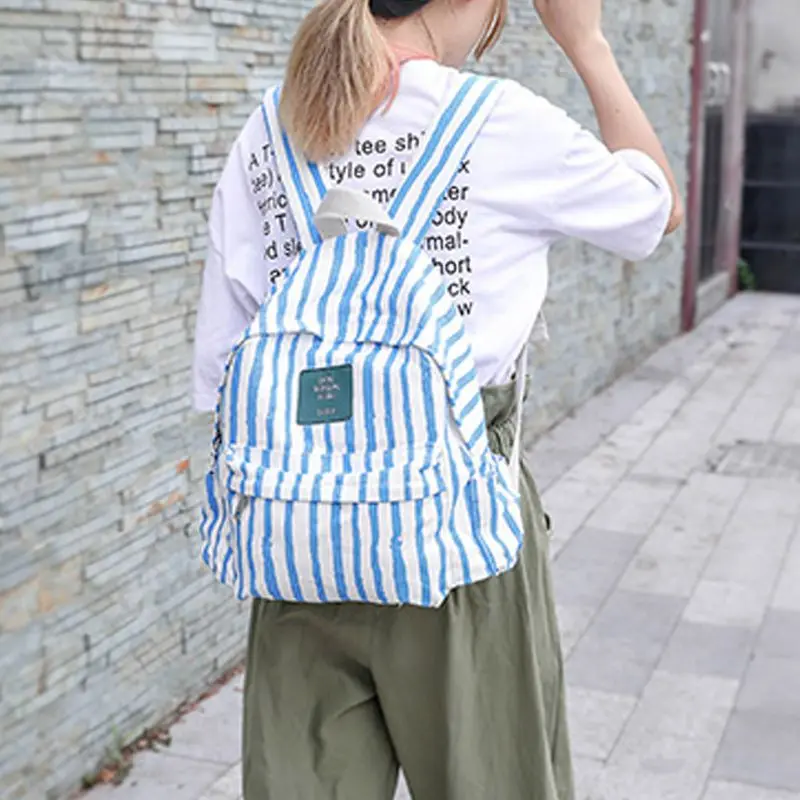 

Women Canvas Stripes Backpack Large Capacity Daypack Travel Bookbag Teenagers Girls Schoolbag